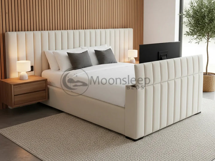 Moonshine TV Bed with Ottoman Storage and Wide Headboard – Moon
